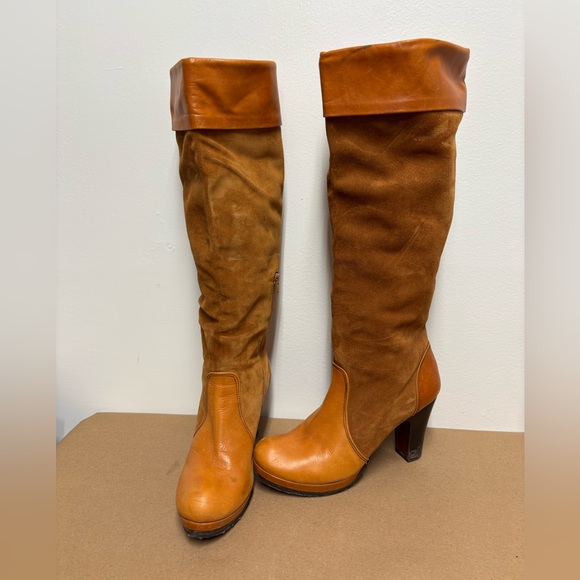 Chie Mihara Orange Tan Knee High Heeled Suede Leather Boots Size 41 - Picture 1 of 10